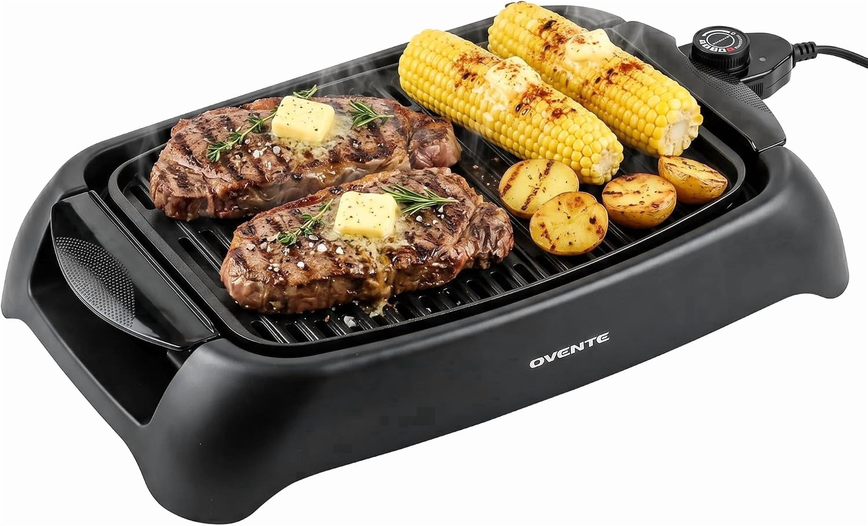 OVENTE Electric Indoor Grill, 13" x 10" Non-Stick Plate, Black GD1632NLB | 1000W Fast Heat Up Power, Adjustable Temperature, Removable and Dishwasher Safe Grilling Plate and Drip Tray