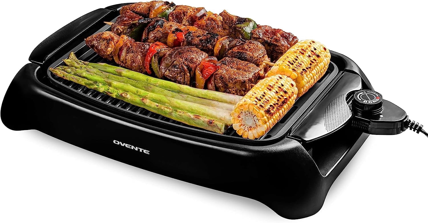 OVENTE Electric Indoor Grill with 13x10 Inch Non-Stick Cooking Surface, 1000W Fast Heat Up Power, Adjustable Temperature, Removable and Dishwasher Safe Grilling Plate and Drip Tray, Black GD1632NLB