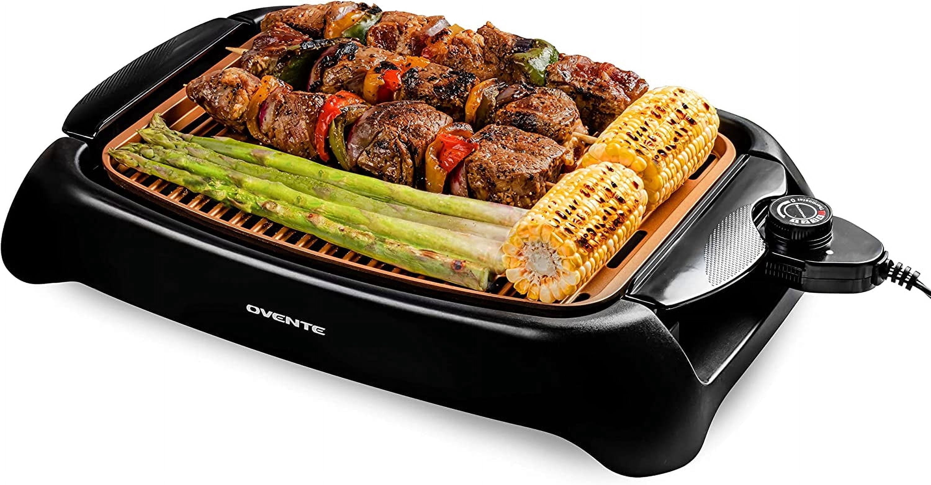 OVENTE Electric Indoor Grill with 13x10 Inch Non-Stick Cooking Surface, 1000W Fast Heat Up Power, Adjustable Temperature, Removable and Dishwasher Safe Grilling Plate and Drip Tray, Copper GD1632NLCO