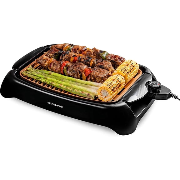 OVENTE Electric Indoor Grill with 13x10 Inch Non-Stick Cooking Surface, 1000W Fast Heat Up Power, Adjustable Temperature, Removable and Dishwasher Safe Grilling Plate and Drip Tray, Copper GD1632NLCO