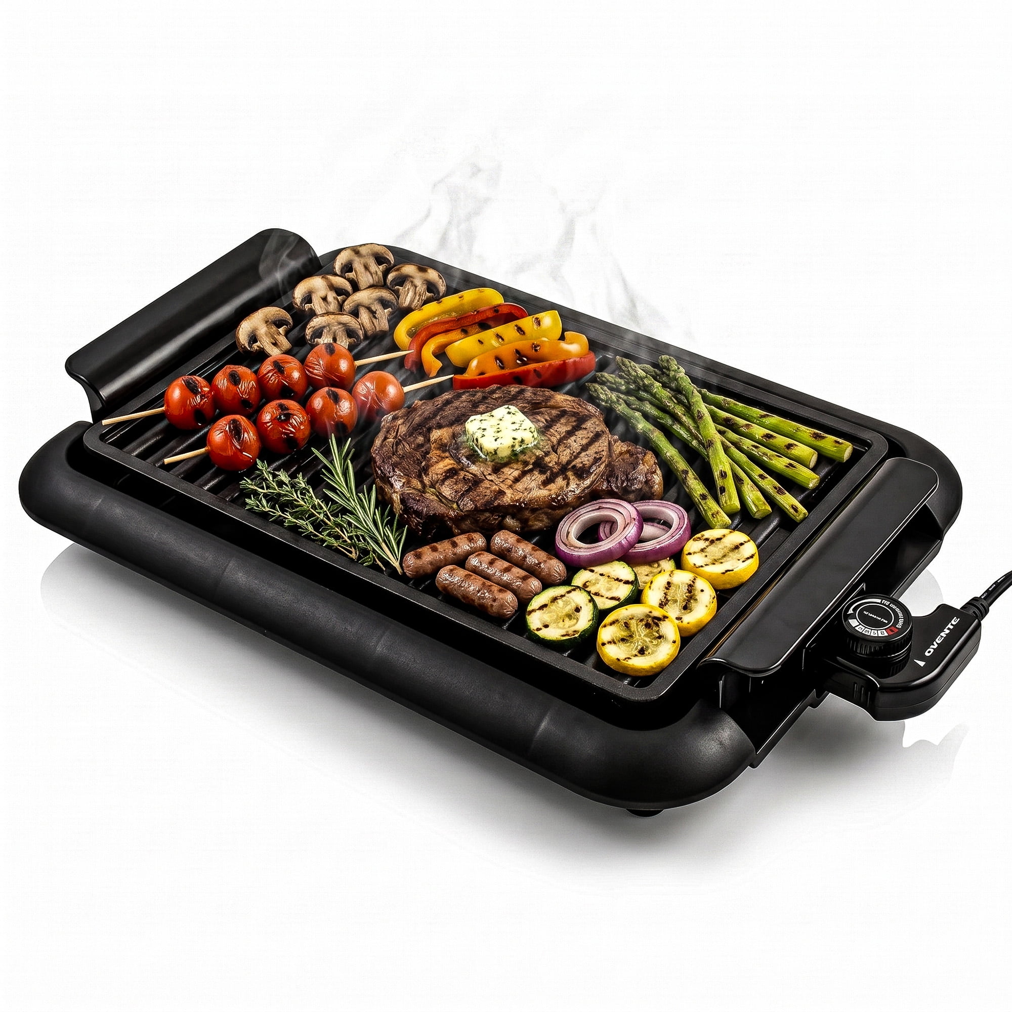 OVENTE Electric Indoor Grill, 15x10 Inch Non-Stick Plate, Black GD1510NLB | 1200W Fast Heat Up Power, Adjustable Temperature, Removable and Dishwasher Safe Grilling and Drip Tray