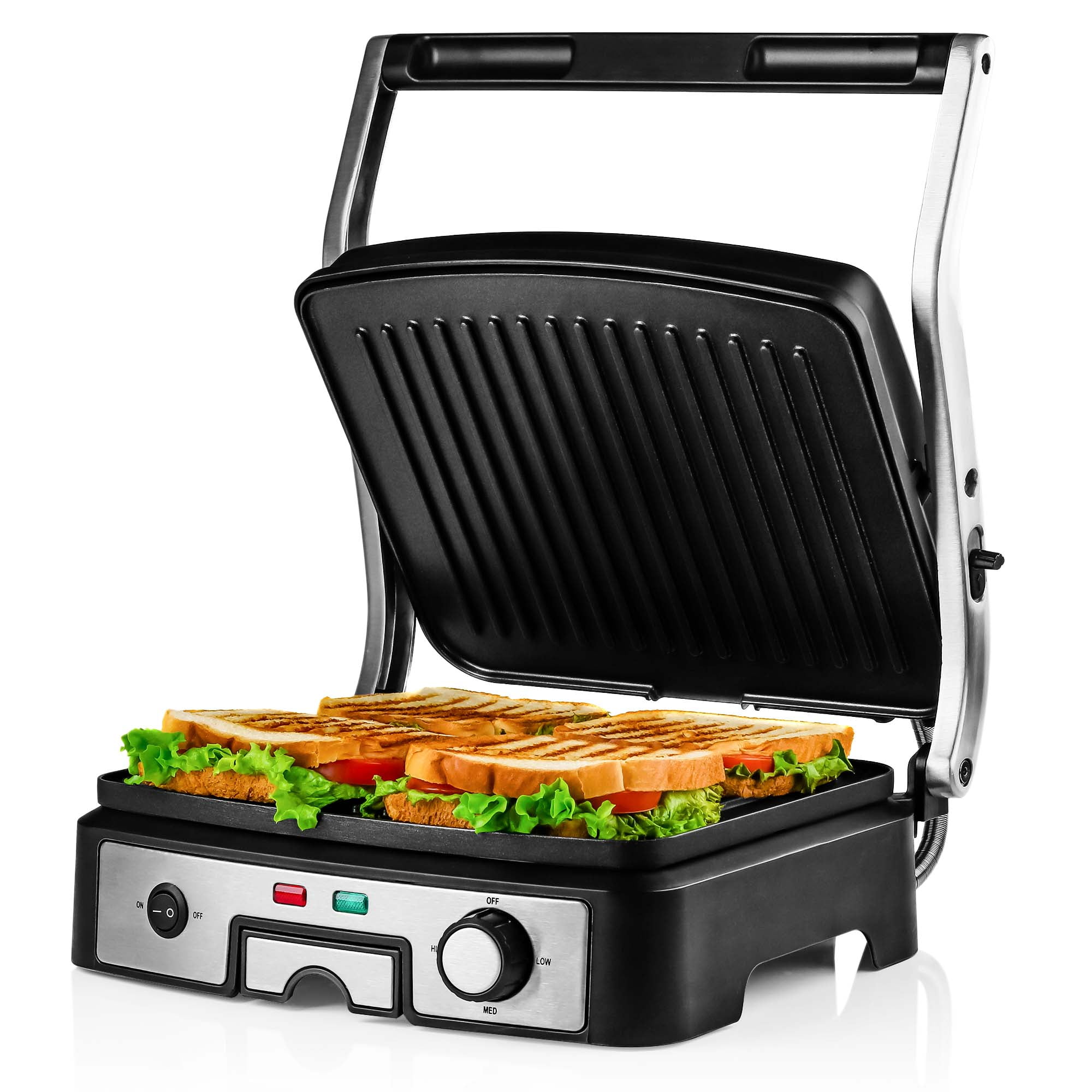 brysomme Mig selv stamme OVENTE Electric Panini Press Grill and Sandwich Maker with Non-Stick Coated  Plates, Opens 180 Degrees to Fit Any Type or Size Food, 1500W Perfect for  Indoor Use w/ Removable Drip Tray, Silver