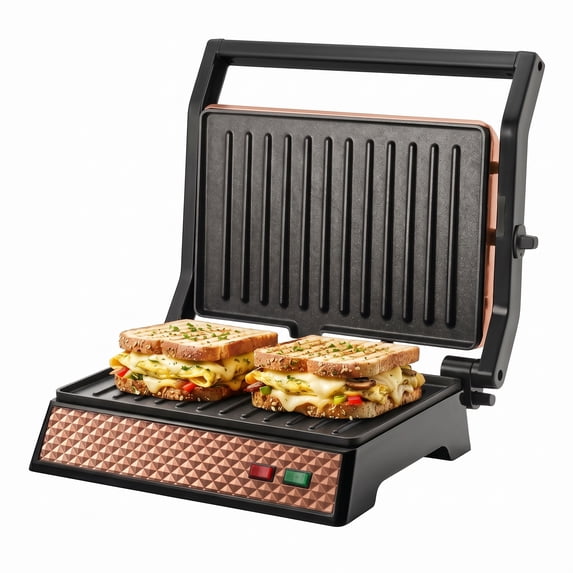 OVENTE Electric Indoor Panini Press Grill + Sandwich Maker, Copper GP0620CO, Opens 180 Degrees to Fit Any Type or Size of Food, Indoor Cooking Perfect for Quesadillas, Burgers & More, 1000W