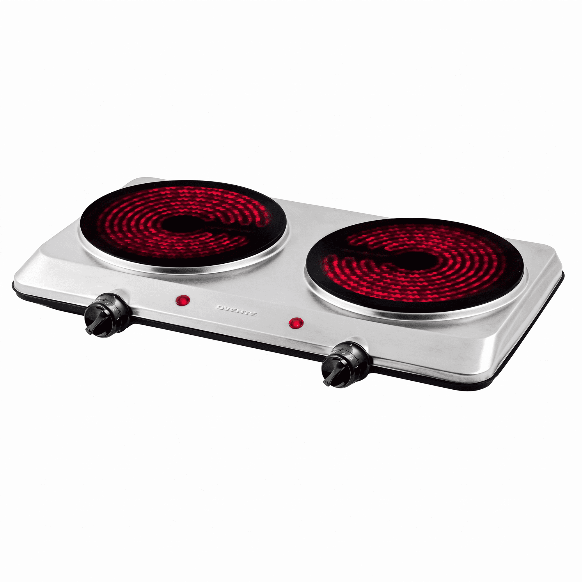 OVENTE Electric Infrared Double Burner, 6 Heat Levels, Silver BGI202S | 1500W Hot Plate w/ 7.5” Ceramic Glass Cooktop, Easy to Clean Stainless Steel Base, Compact Stove for Home, Dorm, Office