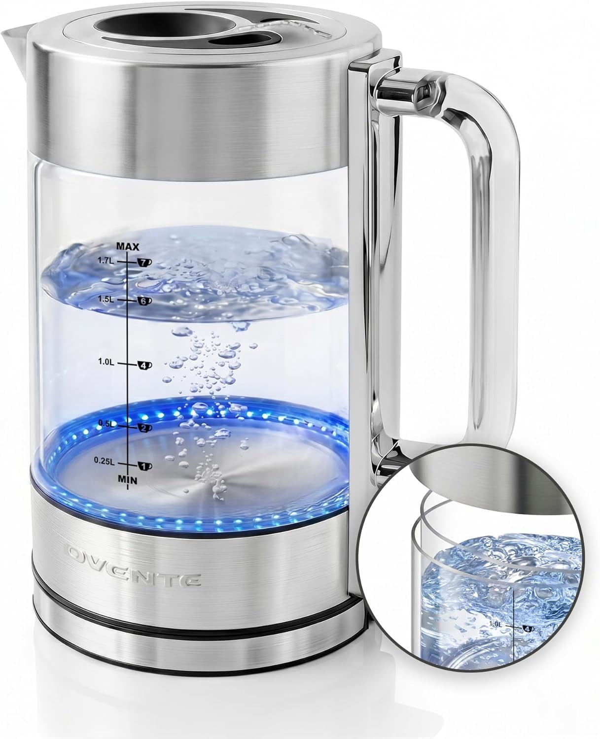OVENTE Electric Kettle, 1.7L Double Wall Glass Tea Kettle with Stainless Steel Base, Acrylic Handle, 1500W Cordless Fast Boil Borosilicate Water Boiler, Easy Fill Lid & Auto Shut-Off, Silver KG912S
