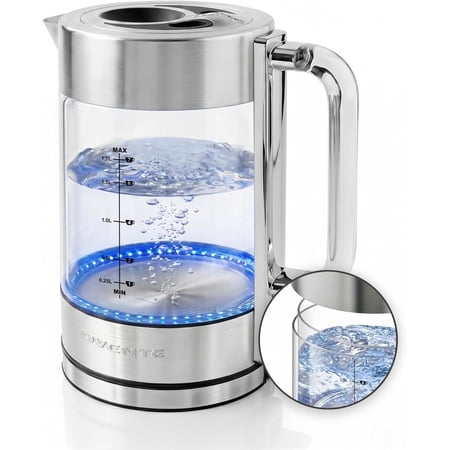 OVENTE Electric Kettle, 1.7L Double Wall Glass Tea Kettle with Stainless Steel Base, Acrylic Handle, 1500W Cordless Fast Boil Borosilicate Water Boiler, Easy Fill Lid & Auto Shut-Off, Silver KG912S
