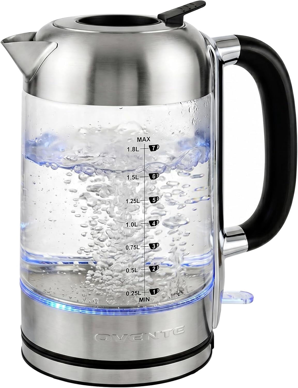 OVENTE Electric Kettle, 1500W No Plastic 1.8L Tea Kettle and Hot Water Boiler For Coffee or Tea, Easy to Fill Lid, Auto Shut-Off, Borosilicate Glass with Stainless Steel Filter, Silver KG71S