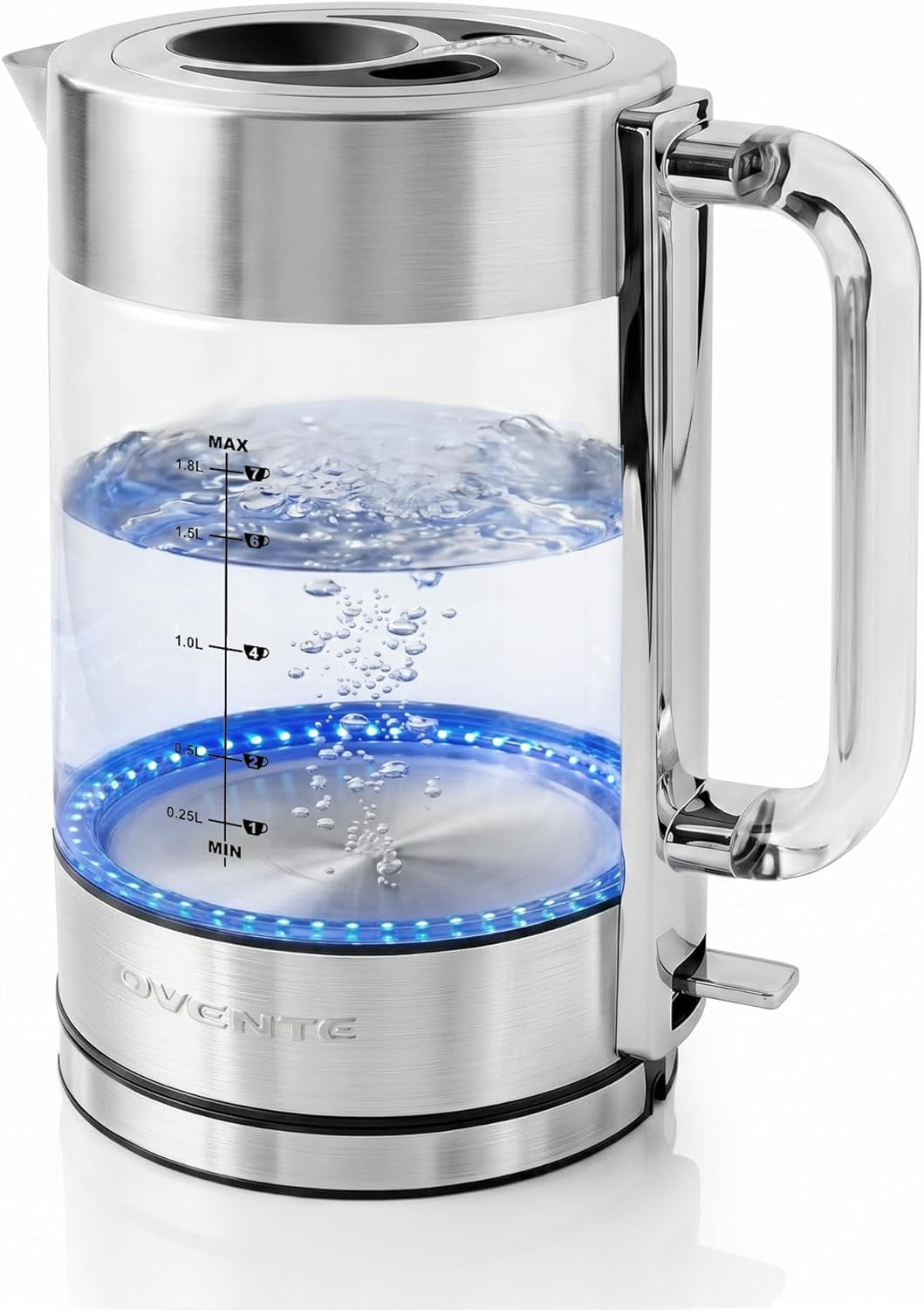 OVENTE Electric Kettle, 1.8L Tea Kettle Cordless with Borosilicate Glass Water Boil, Stainless Steel Base, Acrylic Handle, 1500W Fast Boil Electric Kettle, Easy Fill Lid, Auto Shutoff, Silver KG911S