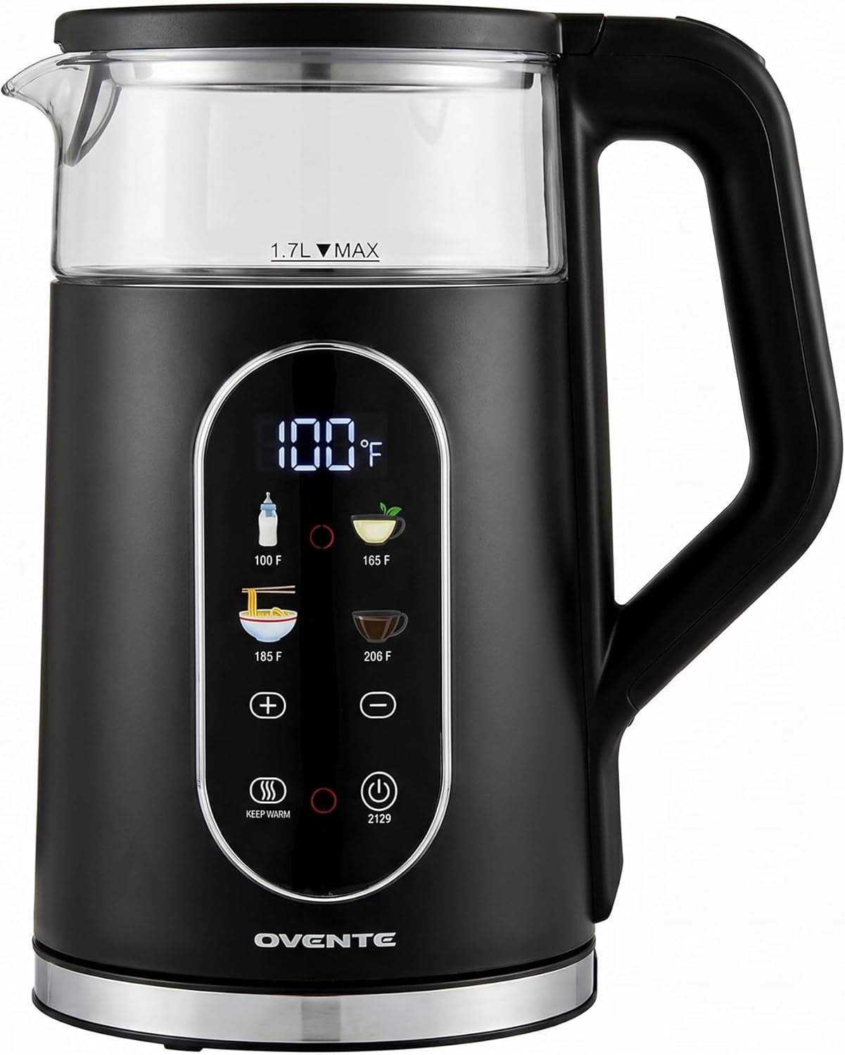 OVENTE Electric Kettle, 1.7L Fast Boiling Water Heater with Digital Touchscreen, Double-Wall Cool Touch Exterior, 5Hr Keep Warm, Auto-Shut Off, Boil-Dry Protection and Borosilicate Glass, Black KD96B