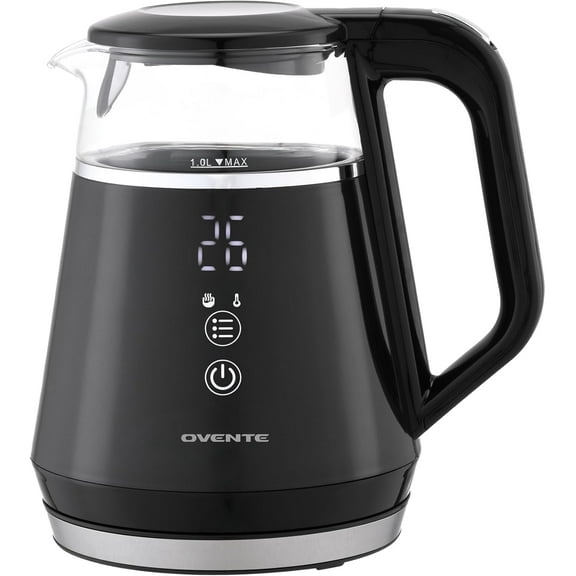 OVENTE Electric Kettle LED Digital Display,  Auto Shut-Off, Boil Dry Protection, BPA Free Glass Water Heater Black KD95B