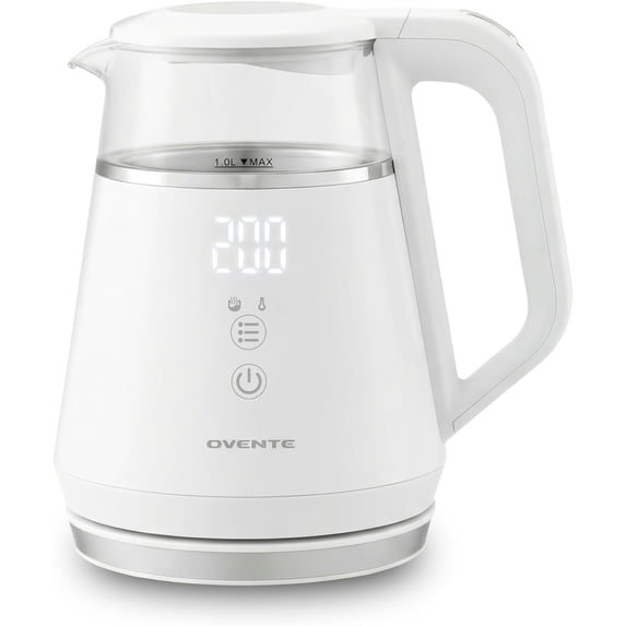 OVENTE 1L Small Electric Kettle with 5 Temperature Preset, Digital Display, 5Hr Keep Warm, Auto Shut-Off, Double-Wall Cool Touch Exterior, Borosilicate Glass,1500W BPA Free Water Boiler, White KD95W