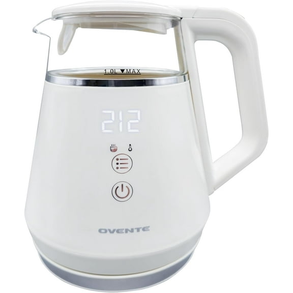 OVENTE Electric Kettle with 5 Temperature Control Presets, LED Digital Display, 5Hr Keep Warm Function, Auto Shut-Off and Boil Dry Protection, 1500W BPA Free Glass Water Heater, White KD95W