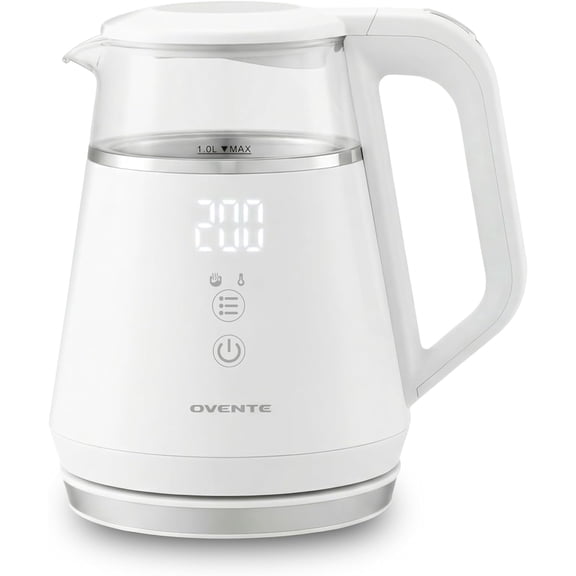 OVENTE 1L Small Electric Kettle with 5 Temperature Preset, Digital Display, 5Hr Keep Warm, Auto Shut-Off, Double-Wall Cool Touch Exterior, Borosilicate Glass,1500W BPA Free Water Boiler, White KD95W