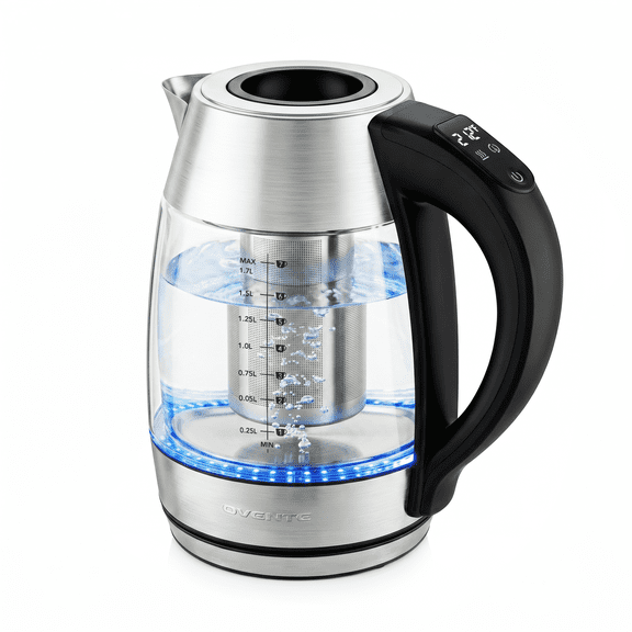 OVENTE Electric Tea Kettle with Temperature Control, Removable Tea Infuser, Easy to Fill Lid, Keep Warm Function, Auto Shut-Off, 1.7L Double Wall Borosilicate Glass, Stainless Steel Base, Silver KD68
