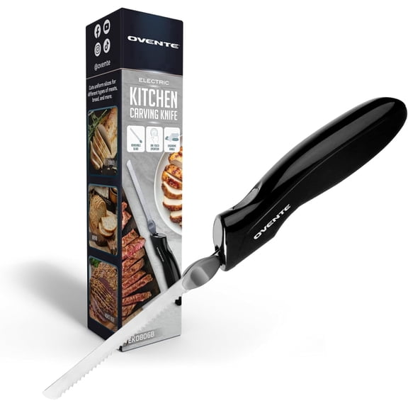 OVENTE Electric Knife with Serrated Stainless-Steel Blade, Safety Lock Button and Ergonomic Handle, 120W Power Ideal for Slicing Meat, Bread, Poultry, Cheese or Carving Foam and More, Black EK0806B