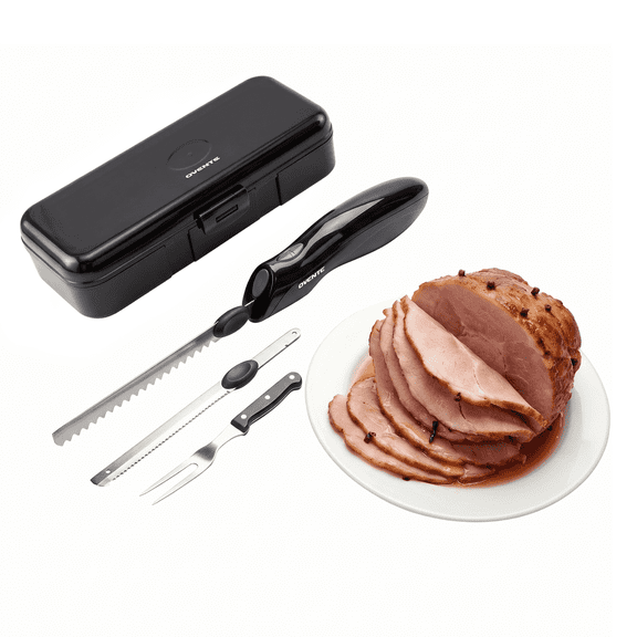 OVENTE Electric Knife Set with Two Serrated Stainless Steel Blades, Carving Fork, Storage Case, Safety Lock Button and Ergonomic Handle for Slicing Meat, Bread, Poultry, Fish and More, Black EK0813B