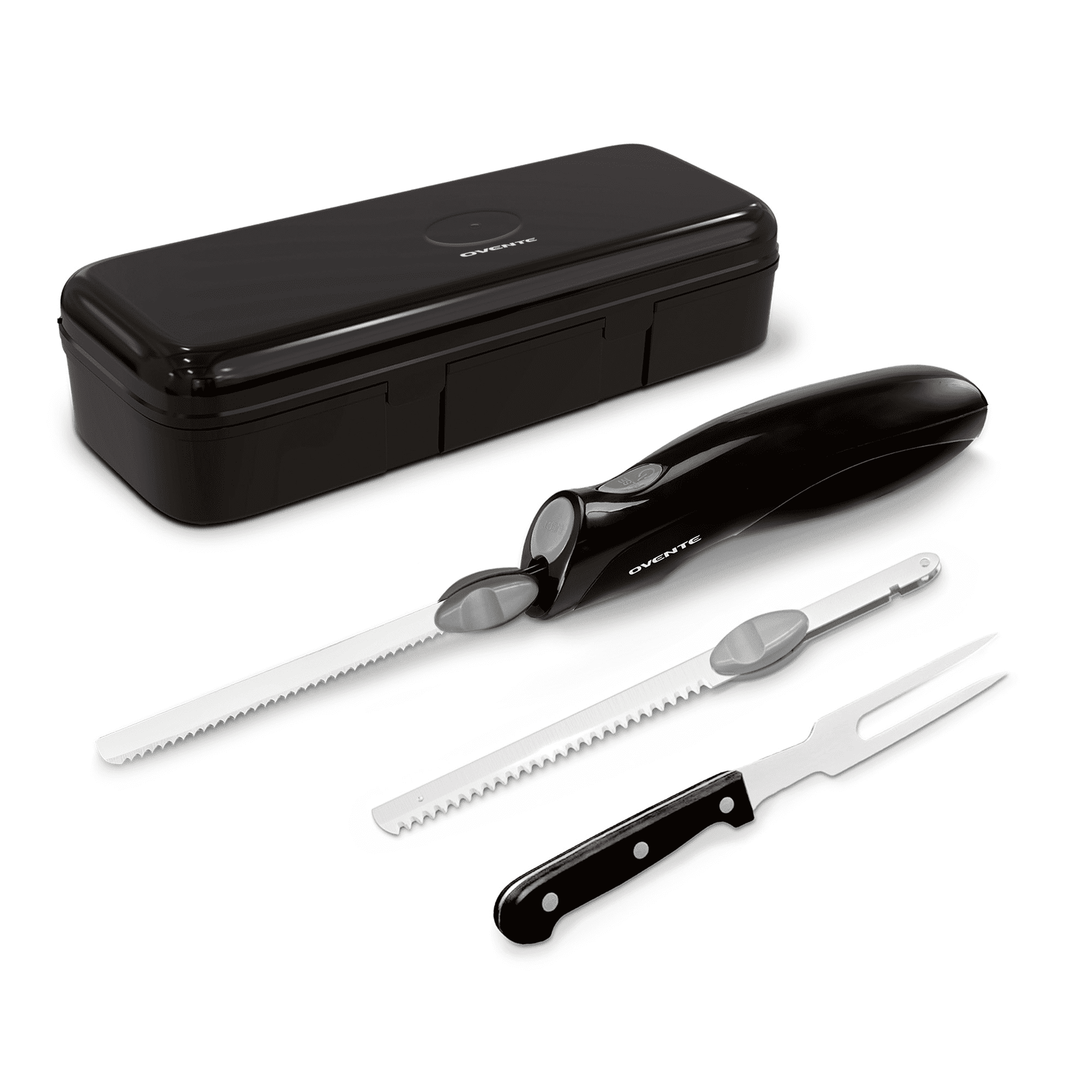 OVENTE Electric Knife Set with Two Serrated Stainless Steel Blades, Carving Fork, Storage Case, Safety Lock Button and Ergonomic Handle for Slicing Meat, Bread, Poultry, Fish and More, Black EK0813B