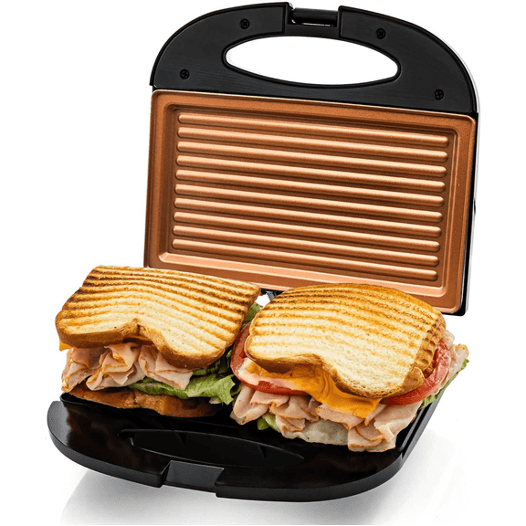 OVENTE Electric Panini Press Grill, 750W Nonstick Plates, Copper GP0110CO | LED Indicator Lights, Thermostat Control, Compact Sandwich Maker Perfect for Cooking Breakfast, Steaks, Eggs Snacks & More