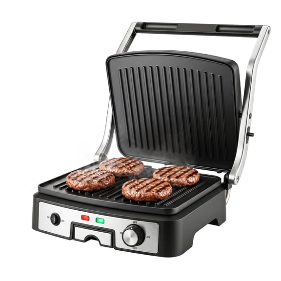 OVENTE Electric Panini Press Sandwich Maker, 1500W Grill, Silver GP1861BR | Non-Stick Coated Plates, Temperature Control & Removable Drip Tray, Opens 180 Degrees to Fit Any Type/Size of Food