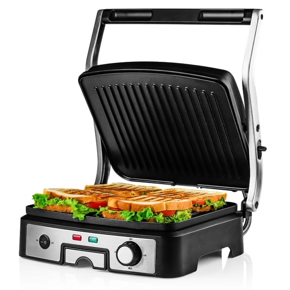 OVENTE Electric Panini Press Sandwich Maker, 1500W Indoor Grill with Non-Stick Coated Plates, Temperature Control & Removable Drip Tray, Opens 180 Degrees to Fit Any Type/Size of Food, Silver GP1861B