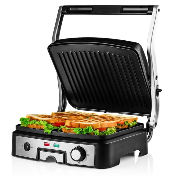 OVENTE Electric Panini Press Sandwich Maker, 1500W Indoor Grill with Non-Stick Coated Plates, Temperature Control & Removable Drip Tray, Opens 180 Degrees to Fit Any Type/Size of Food, Silver GP1861B