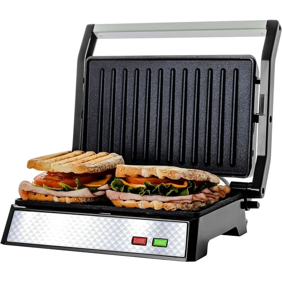 OVENTE Electric Panini Press Sandwich Maker with Non-Stick Coated Plates, Opens 180 Degrees to Fit Any Type or Size of Food, 1000W Indoor Grill Perfect for Quesadillas, Burgers & More Silver GP0620BR