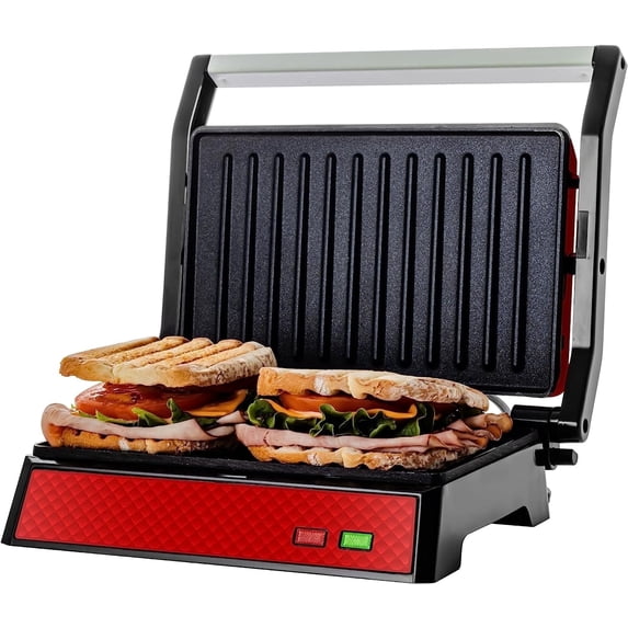 OVENTE Electric Indoor Panini Press Grill and Sandwich Maker with Non-Stick Coated Plates, Cool-Touch Handle and Removable Drip Tray, Opens 180 Degrees to Fit Any Type or Size of Food, Red GP0620R