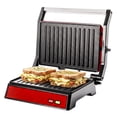 thumbnail image 1 of OVENTE Electric Indoor Panini Press Grill + Sandwich Maker, Red GP0620R, Opens 180 Degrees to Fit Any Type or Size of Food, 1000W Indoor Grill Perfect for Quesadillas, Burgers & More, 1 of 10