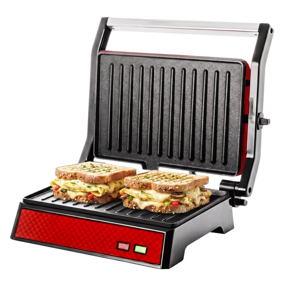 OVENTE Electric Indoor Panini Press Grill + Sandwich Maker, Red GP0620R, Opens 180 Degrees to Fit Any Type or Size of Food, 1000W Indoor Grill Perfect for Quesadillas, Burgers & More