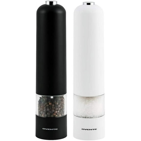 OVENTE Electric Salt & Pepper Mill Grinder, Stainless Steel Blades, 2 x 2 x 8.8 in, Black and White SPD102BW