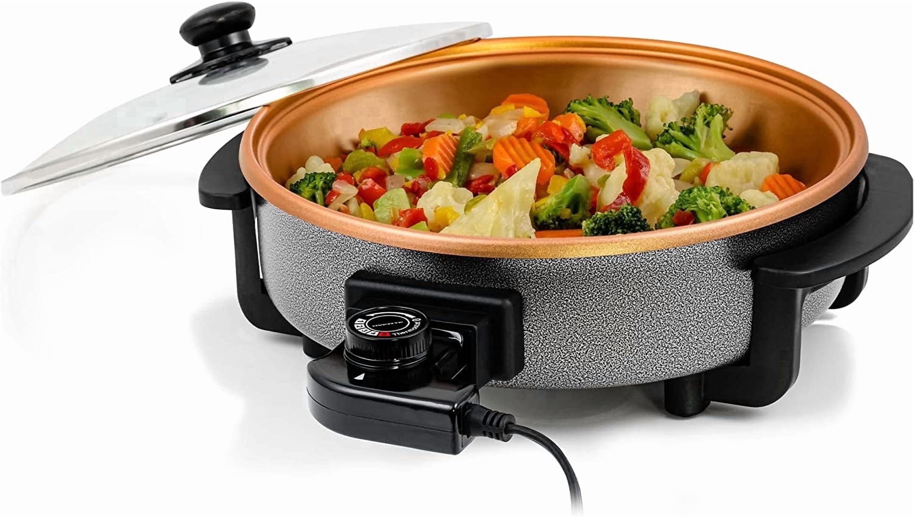OVENTE 11.5-Inch Electric Skillet, 1400W Nonstick Pan, Copper SK11112CO | Adjustable Temperature Control, Tempered Glass Lid with Steam Vent, Cool-Touch Handles, Easy to Clean Design