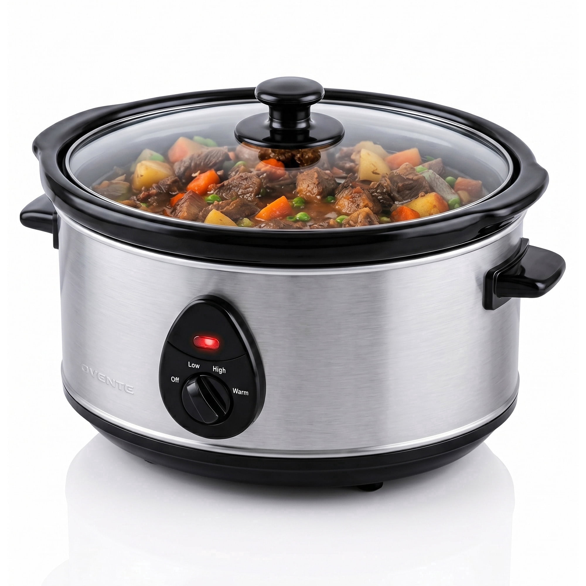OVENTE Electric Slow Cooker with 3 Cooking Settings, Non-Stick and Dishwasher Safe Stoneware, Stainless Steel Body, Glass Lid 3.7 Qt Oval Pot for Entrees, Soups, Sauces, Stews & Dips, Silver SLO35ABR