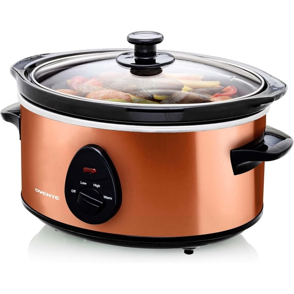 OVENTE Electric Slow Cooker with 3 Cooking Settings Non-Stick and Dishwasher Safe Stoneware, Stainless Steel Body, Glass Lid, 3.7 Qt Oval Pot for Entrees, Soups, Sauces, Stews & Dips, Copper SLO35ACO
