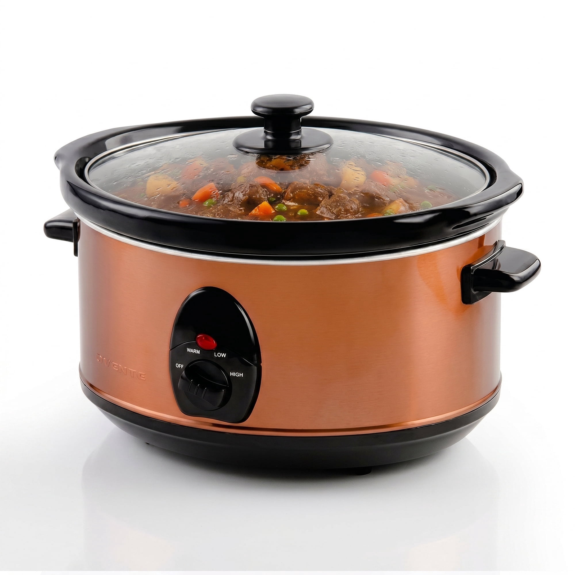 OVENTE Electric Slow Cooker with 3 Cooking Settings Non-Stick and Dishwasher Safe Stoneware, Stainless Steel Body, Glass Lid, 3.7 Qt Oval Pot for Entrees, Soups, Sauces, Stews & Dips, Copper SLO35ACO