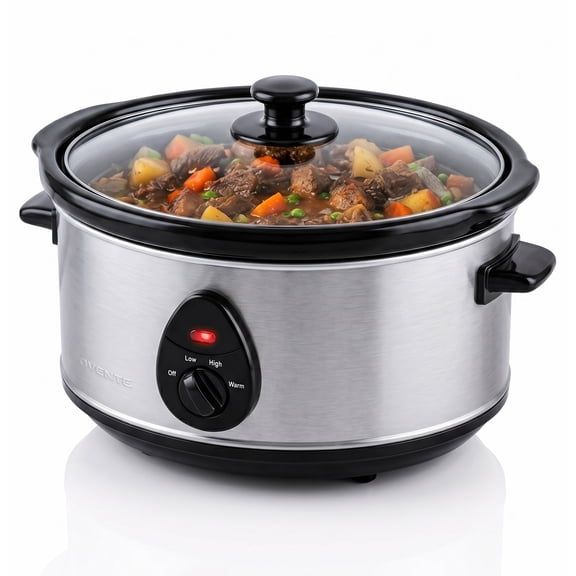 OVENTE Electric Slow Cooker with 3 Cooking Settings, Non-Stick and Dishwasher Safe Stoneware, Stainless Steel Body, Glass Lid 3.7 Qt Oval Pot for Entrees, Soups, Sauces, Stews & Dips, Silver SLO35ABR