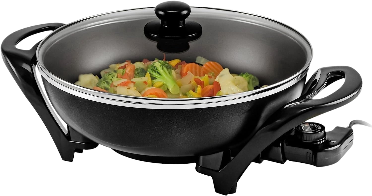 OVENTE Electric Wok with Nonstick Coating, 13" Family-Sized Skillet, 1400W Power, Adjustable Temperature, Tempered Glass Lid, Cool Touch Handles and Easy to Clean Frying Surface, Black SK3113B