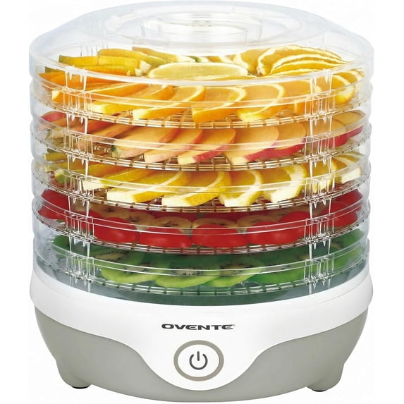 OVENTE Food Dehydrator Machine with 5 Stackable Clear Trays and Drying Space, 240W Electric Food Preserver and Dryer for Snacks, Beef Jerky, Fruits, Veggies, Yogurt and Herbs, Grey DF215GY