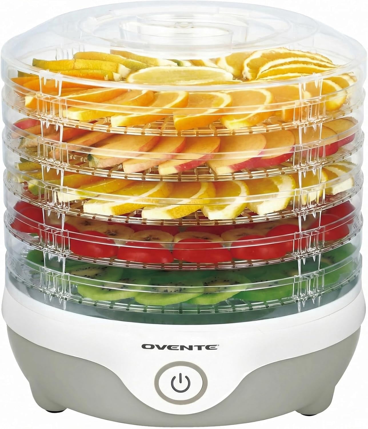 OVENTE Food Dehydrator Machine with 5 Stackable Clear Trays and Drying Space, 240W Electric Food Preserver and Dryer for Snacks, Beef Jerky, Fruits, Veggies, Yogurt and Herbs, Grey DF215GY