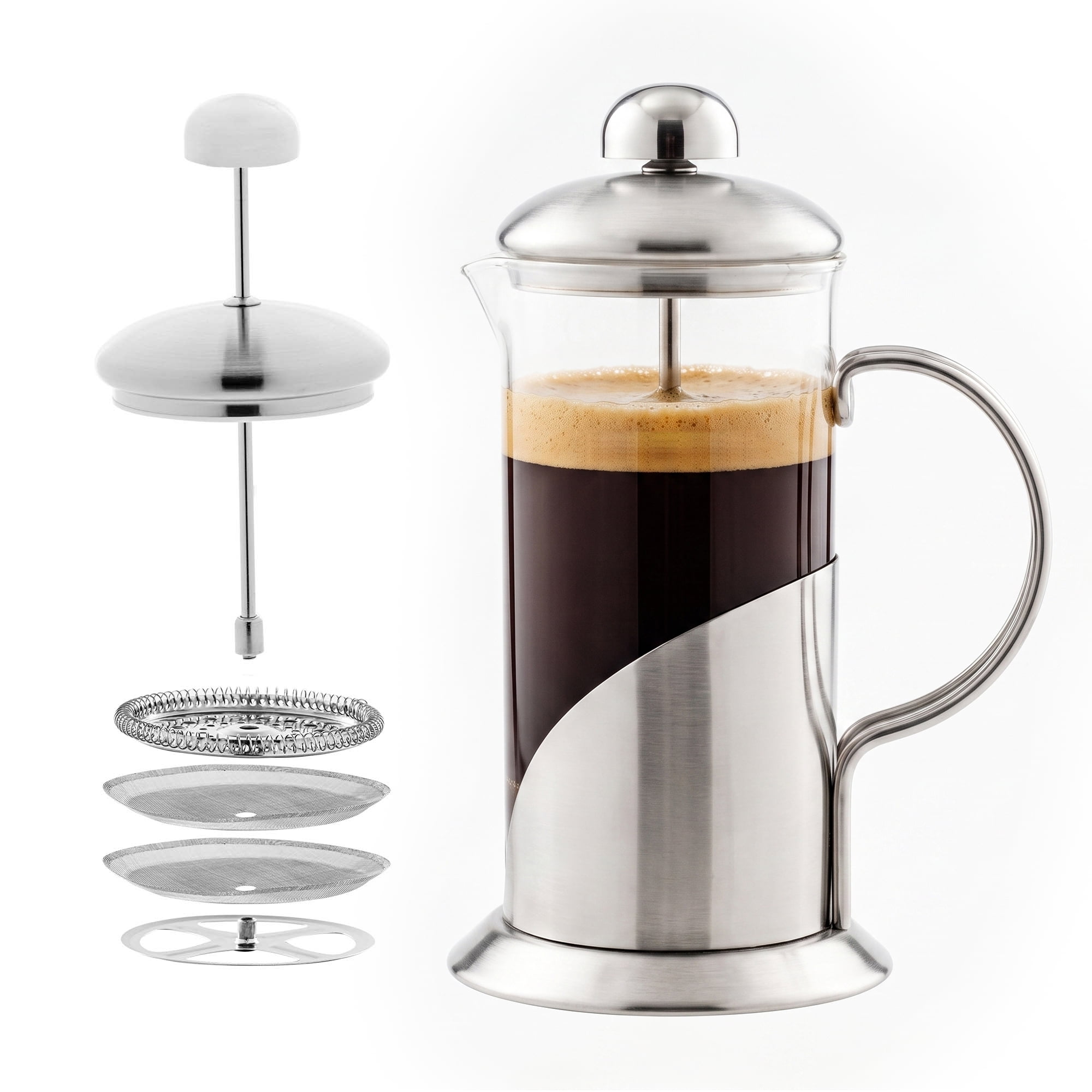 OVENTE French Press Coffee Maker 12 Ounce, 4 Level Stainless Steel Filter System & Heat Resistant Borosilicate Glass, Scoop included, Silver FSL12S