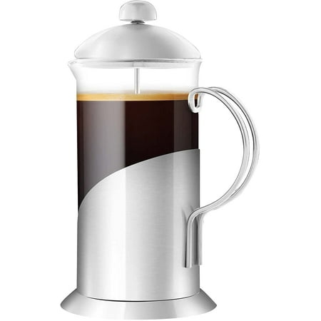OVENTE French Press Coffee Maker 34 Ounce with Heat Resistant Borosilicate Glass, Stainless Steel Design and 4-Level Filter System, Portable Cold Brewer Pot for Travel, Camping or Gift, Silver FSL34S