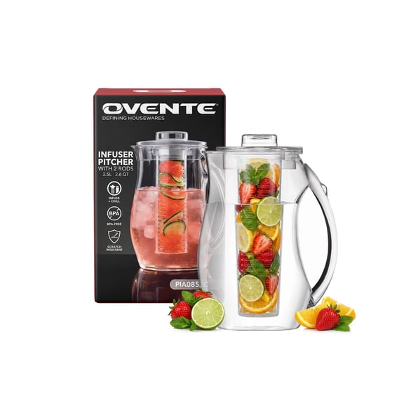 OVENTE Fruit Infusion Water Pitcher 2.5 Liters, Clear PIA0852C | With Removable Lid, Infuser Rod and Ice Rod, BPA-Free, Shatterproof Acrylic Beverage Jug for Flavor-Infused Drinks & More