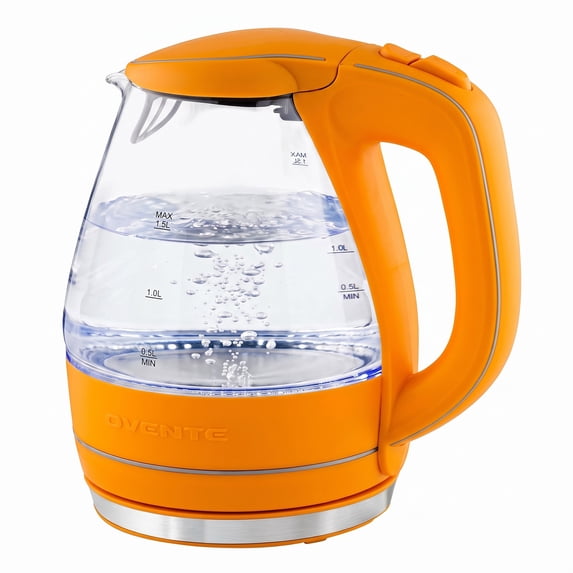 OVENTE 1.5L Glass Electric Kettle Water Boiler, Orange KG83O, Fast Boiling, Borosilicate Glass, BPA-Free, Blue LED, Auto Shut-Off, Boil-Dry Protection, Removable Filter, 360° Base, 1100W