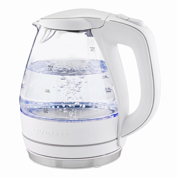 OVENTE 1.5L Glass Electric Kettle Water Boiler, White KG83W | 1100W Fast Boiling, Borosilicate Glass, BPA-Free, Blue LED, Auto Shut-Off, Boil-Dry Protection, Removable Filter, 360° Base