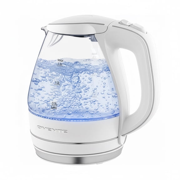 OVENTE Electric Kettle, 1.5L Borosilicate Glass Countertop Water Heater and Boiler for Coffee or Tea, BPA-Free, Auto Shut-Off, Boil-Dry Protection, Removable and Washable Spout Filter, White KG83W