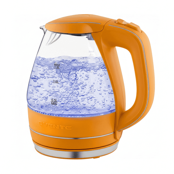 OVENTE Electric Kettle, 1.5L Borosilicate Glass Countertop Water Heater and Boiler for Coffee or Tea, BPA-Free, Auto Shut-Off, Boil-Dry Protection, Removable and Washable Spout Filter, Orange KG83O