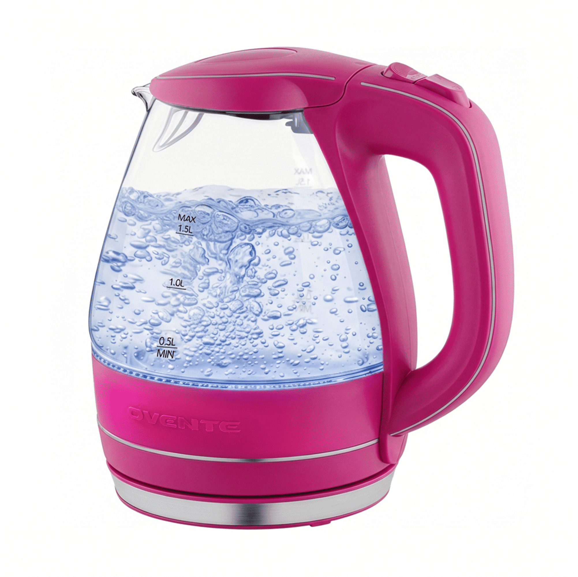 OVENTE 1.5L Glass Electric Kettle Water Boiler, Pink KG83F | 1100W Fast Boiling, Borosilicate Glass, BPA-Free, Blue LED, Auto Shut-Off, Boil-Dry Protection, Removable Filter, 360° Base