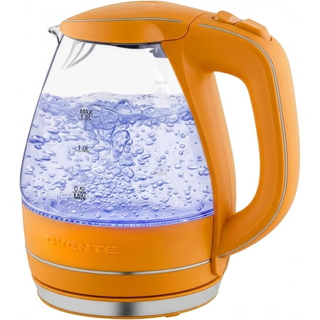OVENTE Electric Kettle, 1.5L Borosilicate Glass Countertop Water Heater and Boiler for Coffee or Tea, BPA-Free, Auto Shut-Off, Boil-Dry Protection, Removable and Washable Spout Filter, Orange KG83O