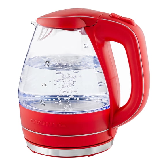 OVENTE 1.5L Glass Electric Kettle Water Boiler, Red KG83R, Fast Boiling, Borosilicate Glass, BPA-Free, Blue LED, Auto Shut-Off, Boil-Dry Protection, Removable Filter, 360° Base, 1100W
