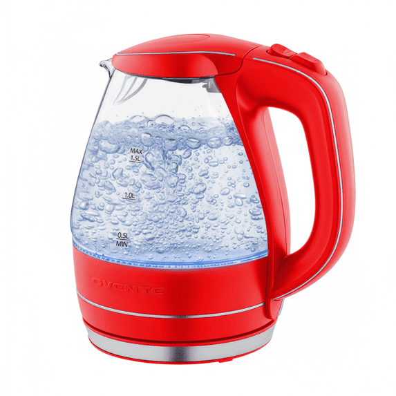 OVENTE 1.5L Glass Electric Kettle Water Boiler, Red KG83R | 1100W Fast Boiling, Borosilicate Glass, BPA-Free, Blue LED, Auto Shut-Off, Boil-Dry Protection, Removable Filter, 360° Base