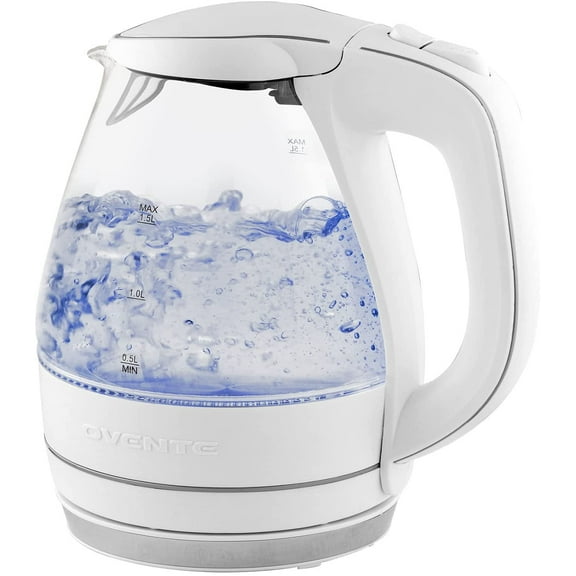 OVENTE Glass Electric Kettle Hot Water Boiler 1.5 Liter Borosilicate Glass Fast Boiling Countertop Heater - BPA Free Auto Shut Off Instant Water Heater Kettle for Coffee & Tea Maker - White KG83W
